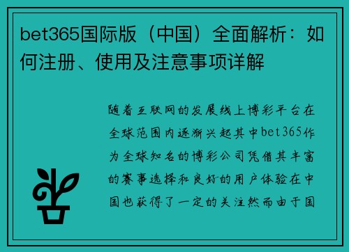 bet365国际版（中国）全面解析：如何注册、使用及注意事项详解